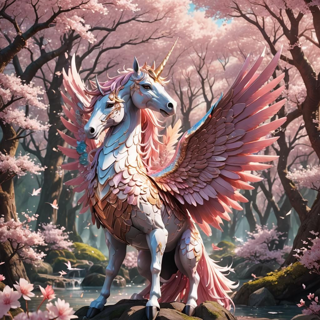 Phoenix-Unicorn Rising in Cherry Blossom Forest: 3D Anime Ar...