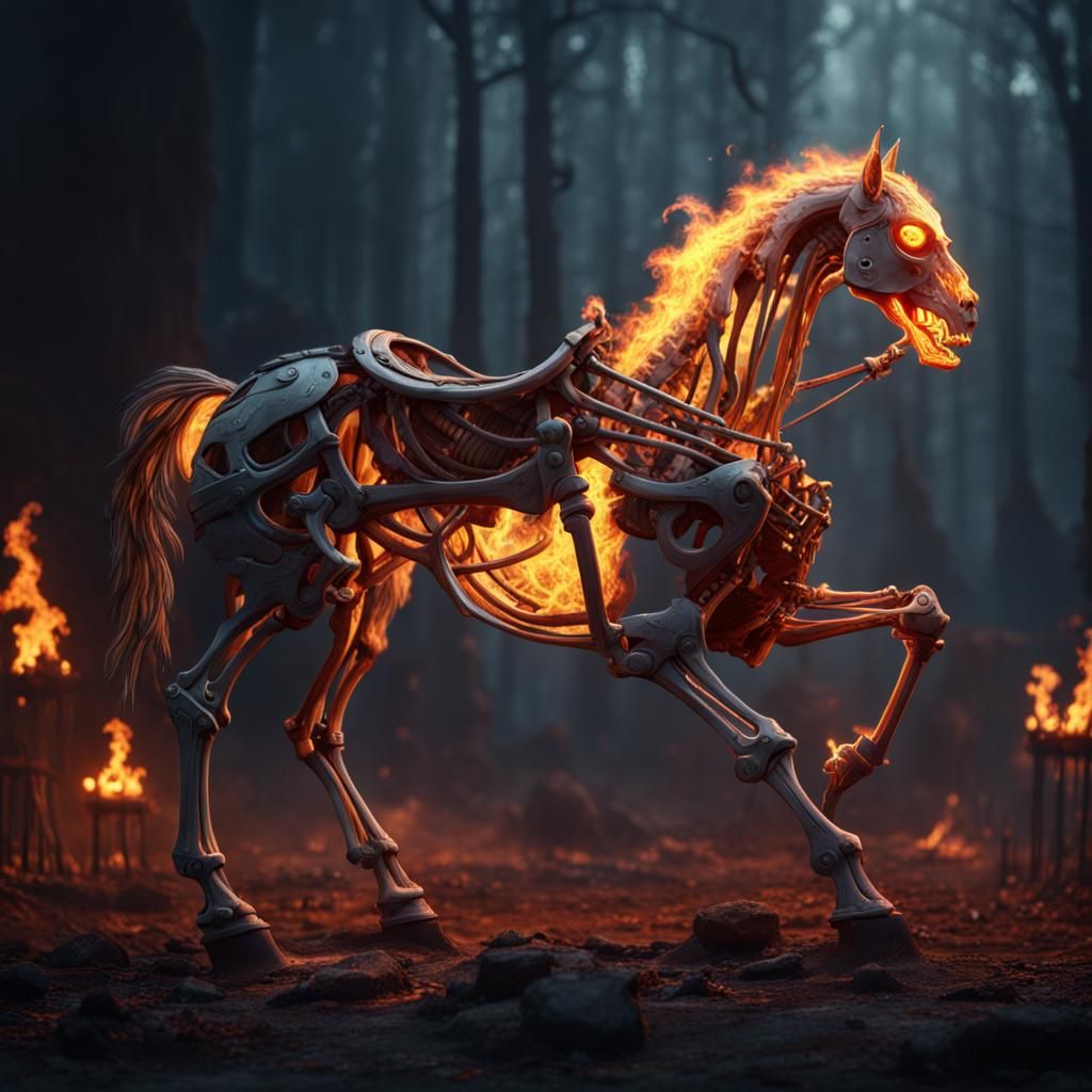 Flaming Horse Skeleton: Detailed Fantasy Concept Art