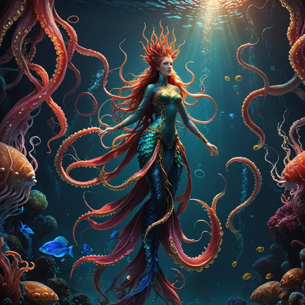 Mermaid and Giant Squid in Bioluminescent Ocean