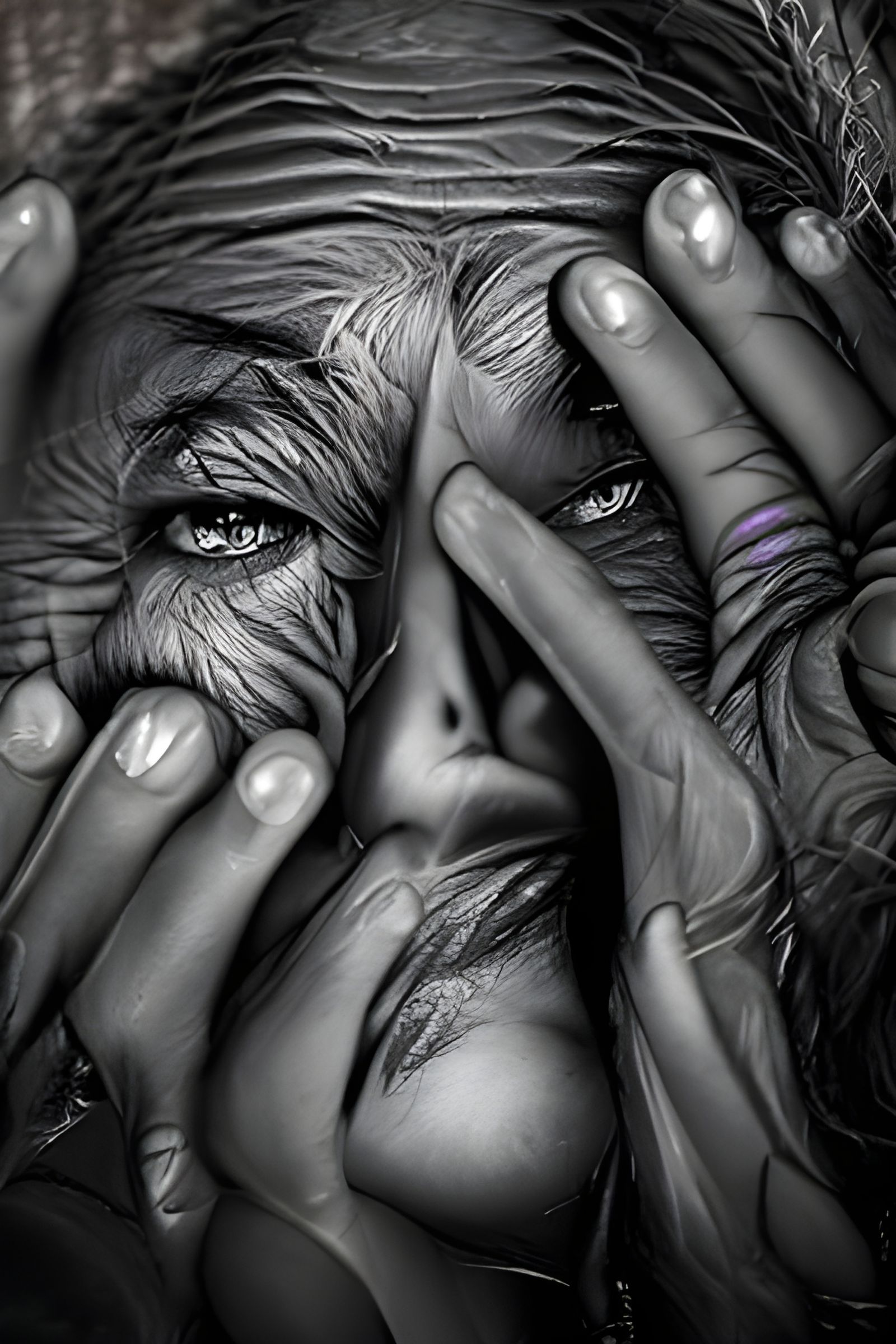 "B/w old woman face photography 4k detailed"