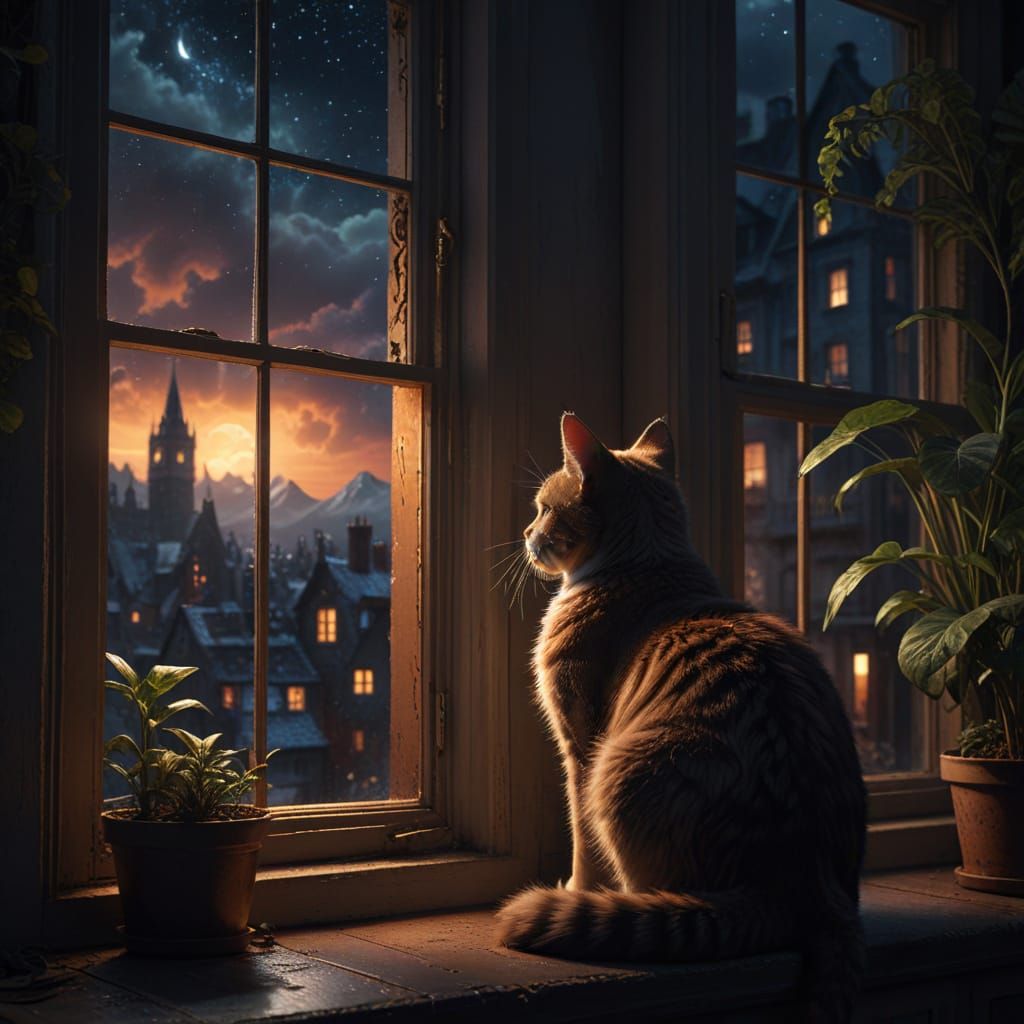 Cat Gazing Through Window at Night
