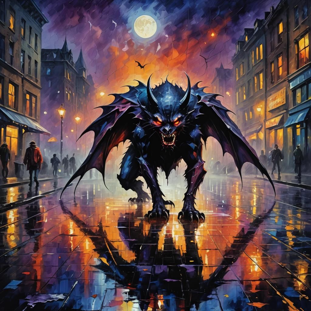 Vampire in Rainy City at Night in Afremov Style
