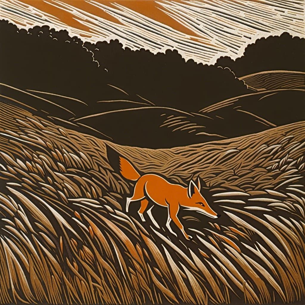 Fox Strays Across Field in Linocut Style
