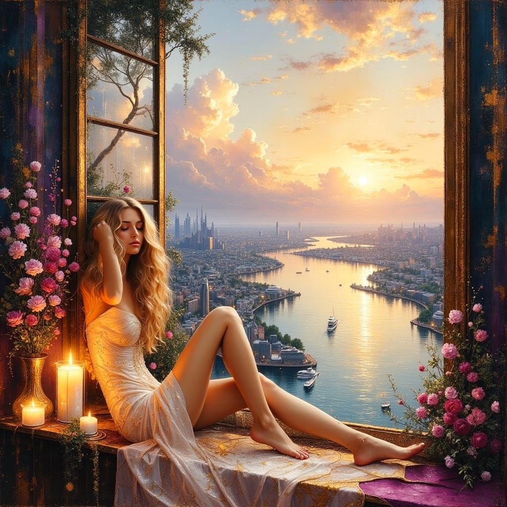 Opulent Cityscape Oil Painting of a Sensual Woman