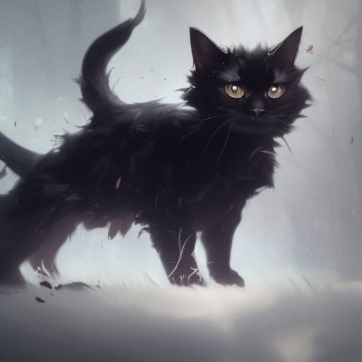 Fluffy Black Cat in Dark Fantasy Style