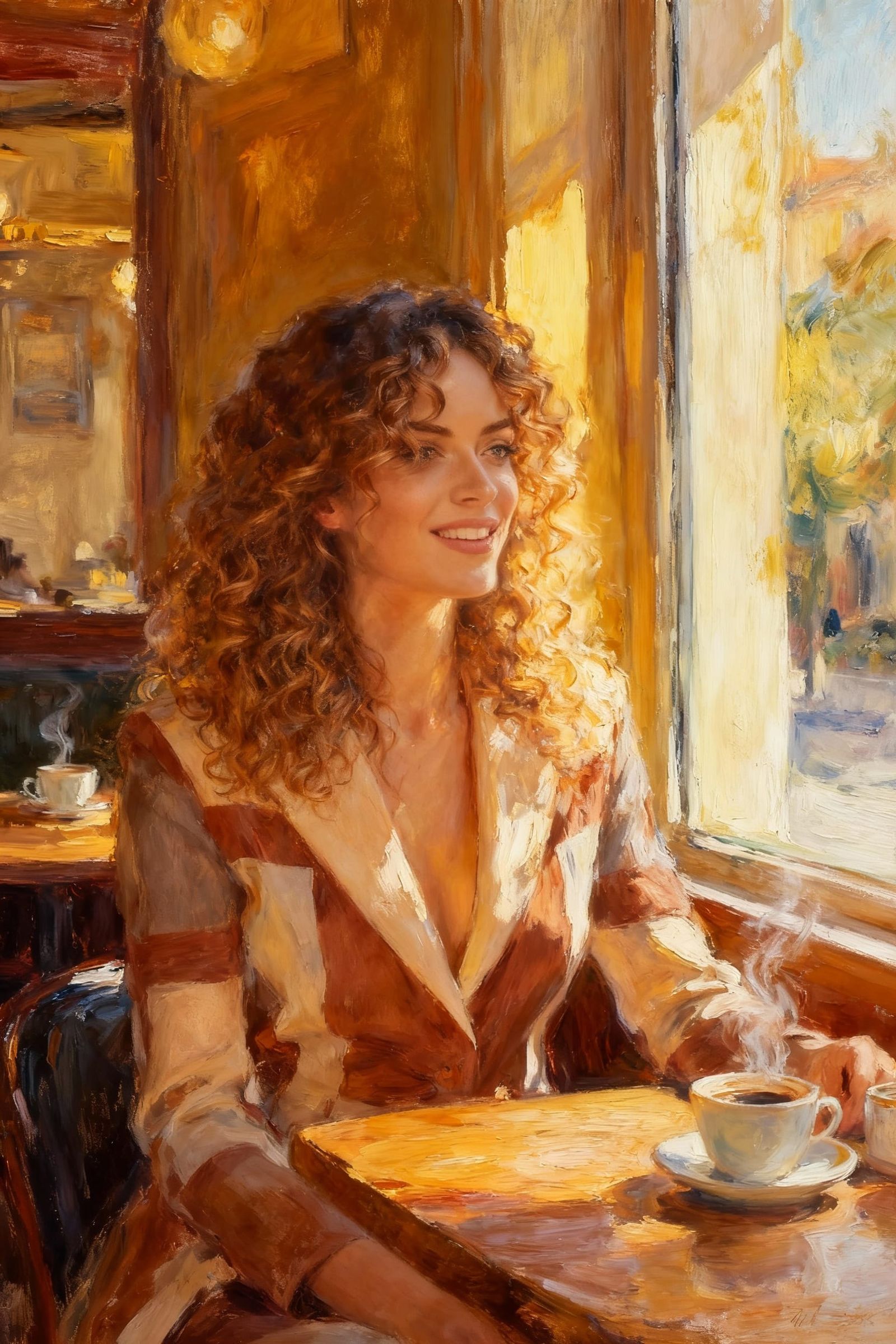 Young Woman in Cozy Cafe, Sunlit Window, Impressionist Oil P...