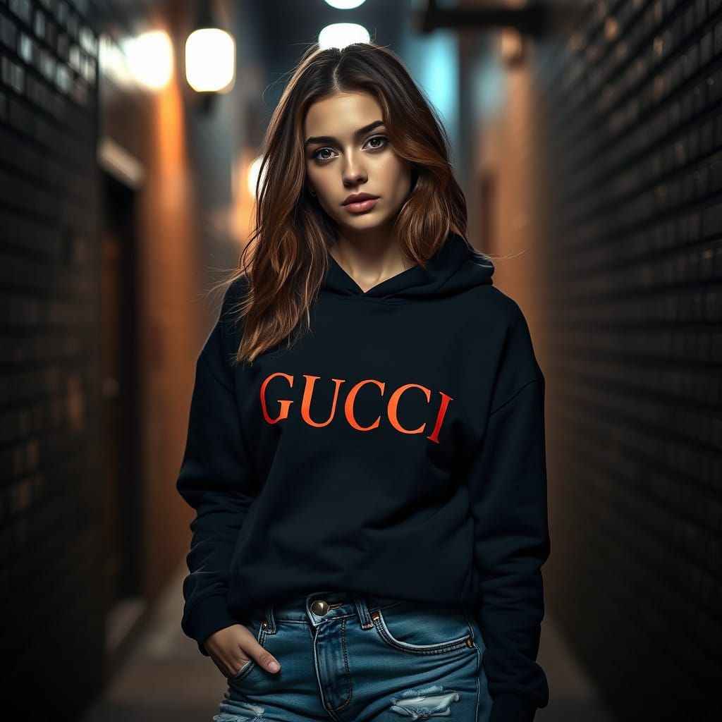 Intimate Portrait of a Woman Wearing Gucci in Moody Alleyway