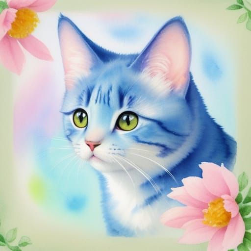 Whimsical Cat with Butterfly on Nose in Watercolor Style