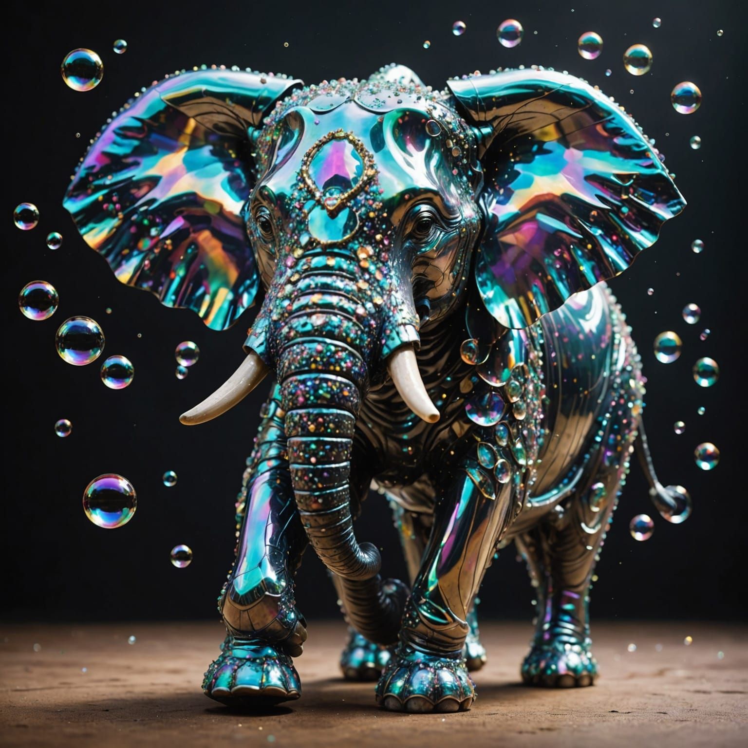 Iridescent Bubble Elephant Floating in Air