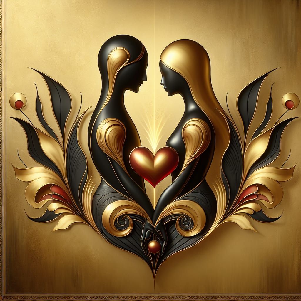 Elongated Lovers Hold a Radiant Golden Heart in a Muted Gold...