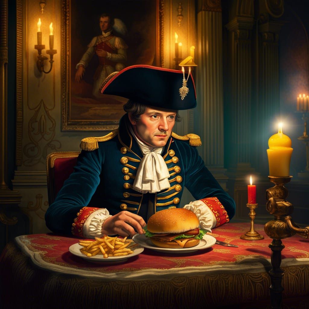 Napoleon Bonaparte Savoring Cheeseburger: Hyperrealistic Spl...