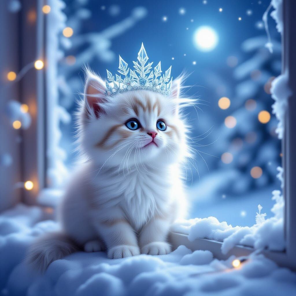 Kitten Discovers Icicle Crown in Winter Wonderland
