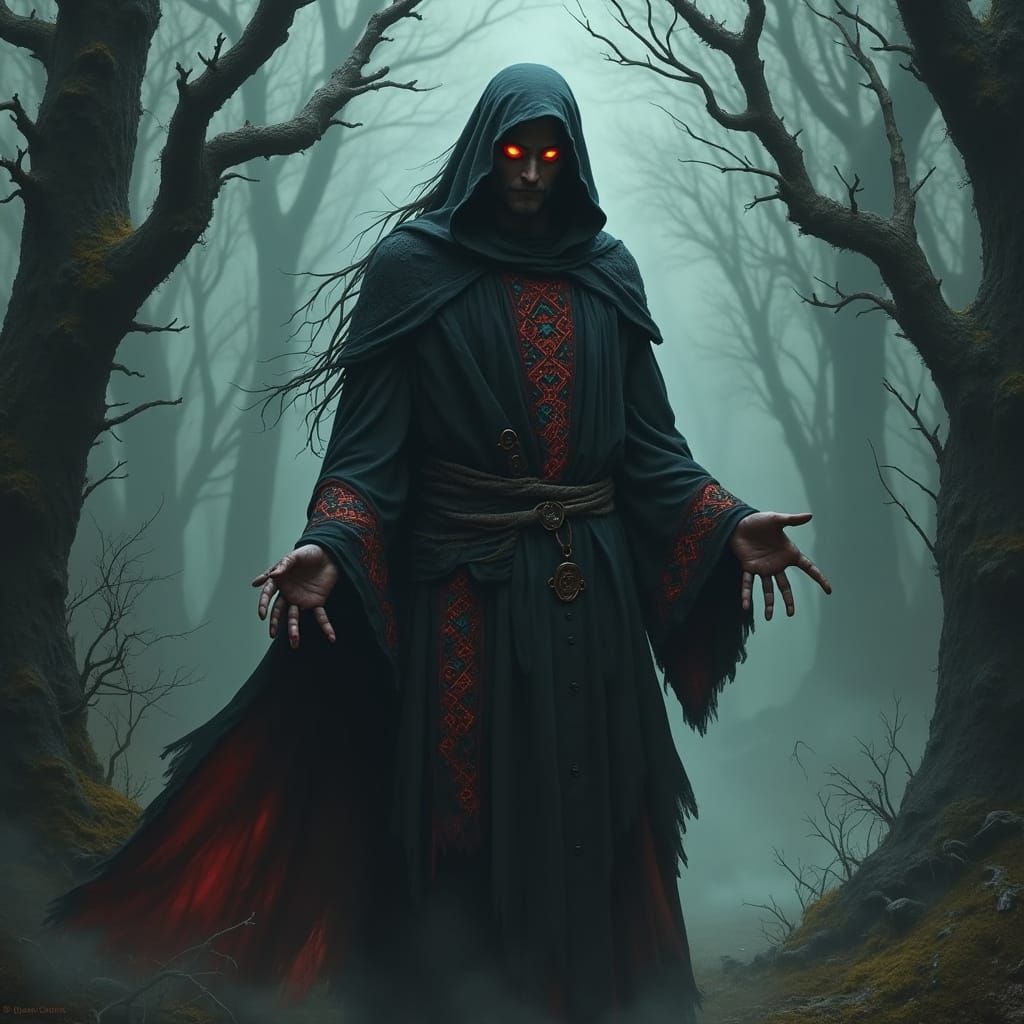 Warlock Adventurer in Dark Forest, Inspired by Beksiński and...