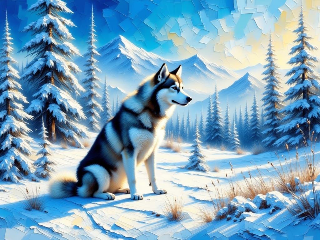 Husky in Snowy Alaskan Wilderness as Impasto Painting