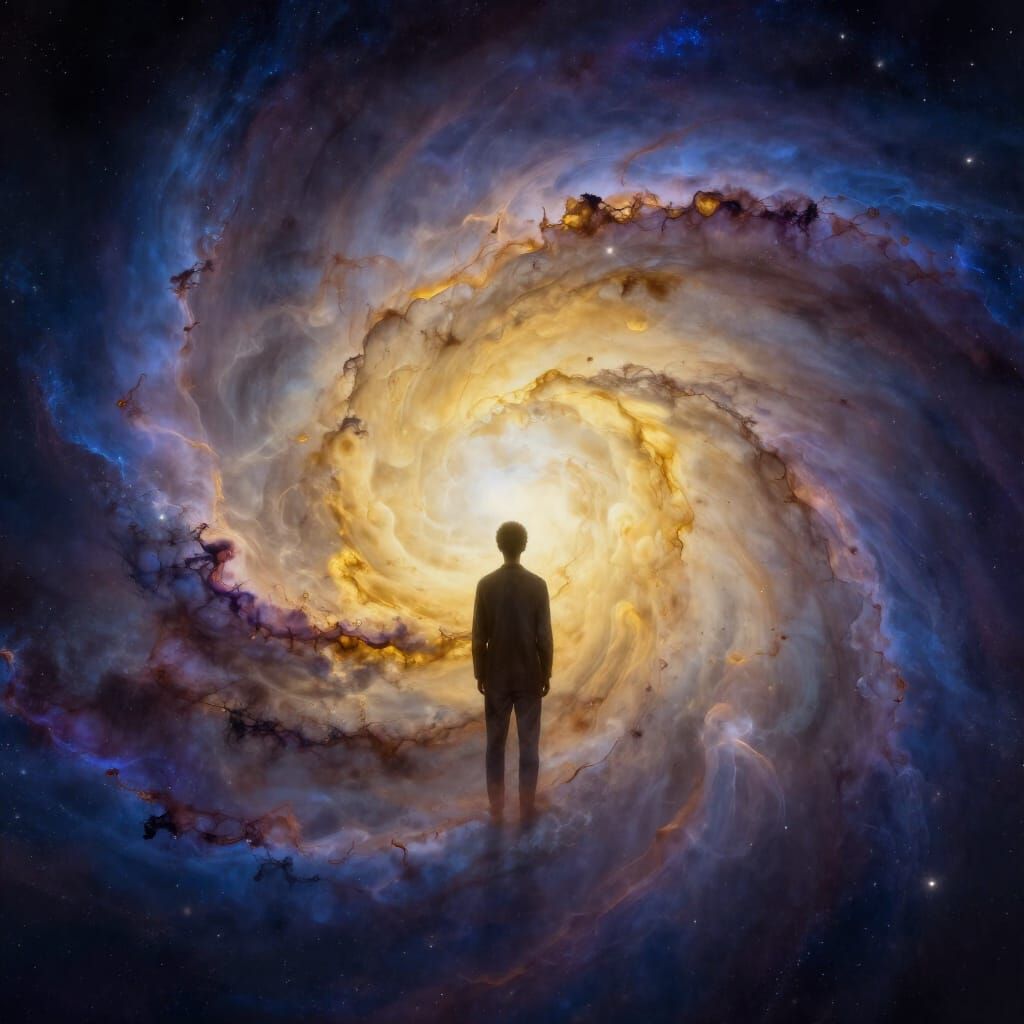 Surreal Cosmic Figure Contemplating Nebula