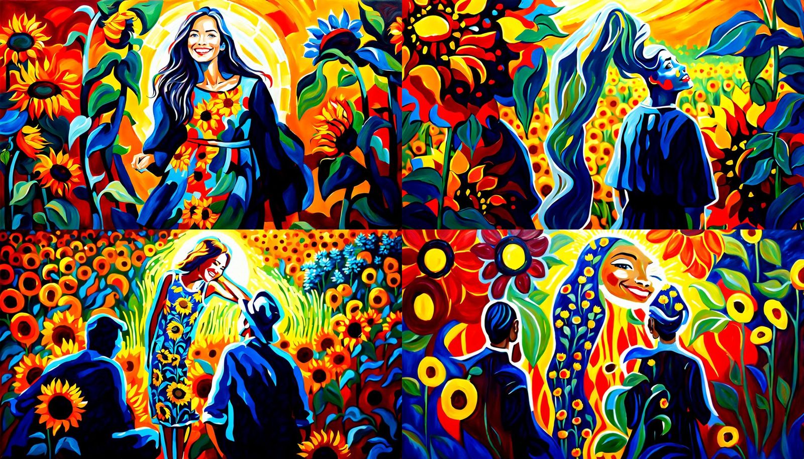 Woman in Sunflowers: Stylized Acrylic Painting