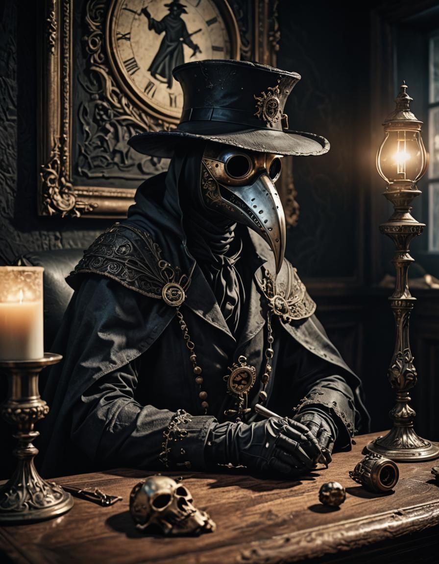 Hyperrealistic Plague Doctor Beside Bed