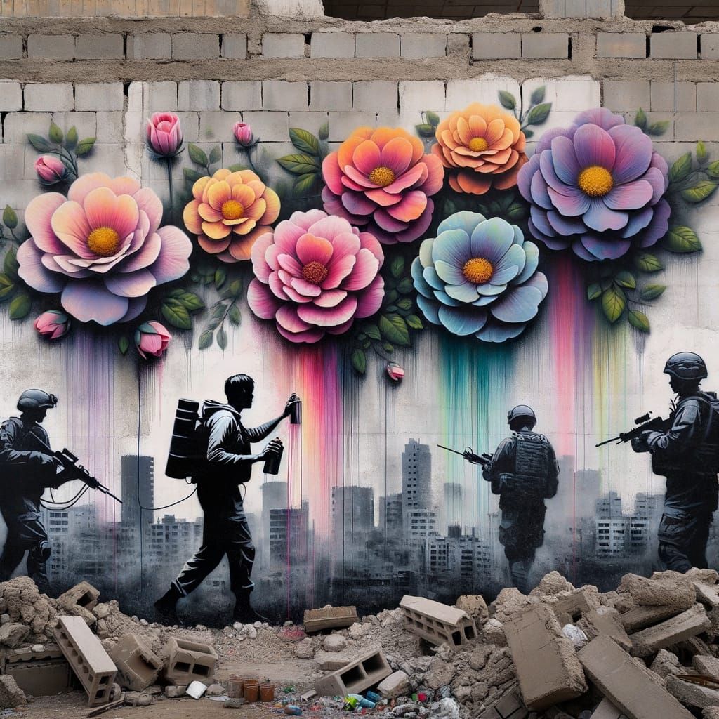 Street Art Mural: Soldiers Painting Flowers