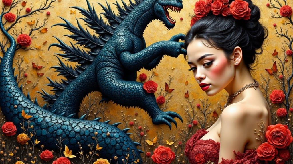 Mythic Godzilla Meets Vibrant Woman in Mosaic Style