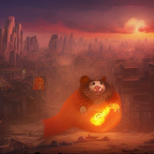 Evil Hamster's Sunset Feast in Ruined City