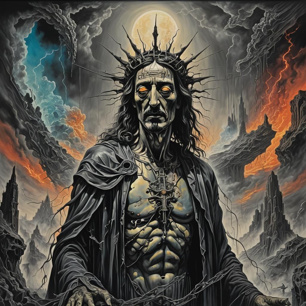 Surreal Christ in Heaven: Cyberpunk Oil Painting