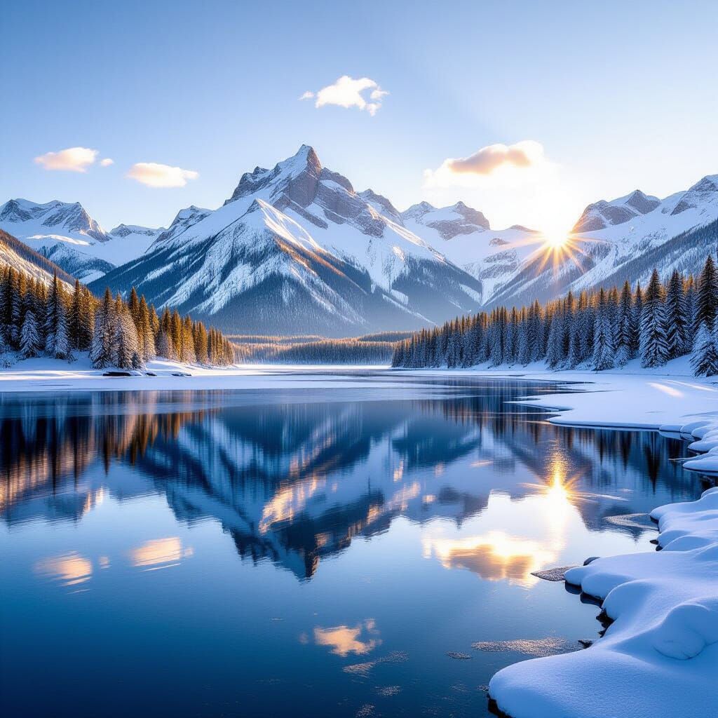 Golden Hour Mountain Reflection in Frozen Lake