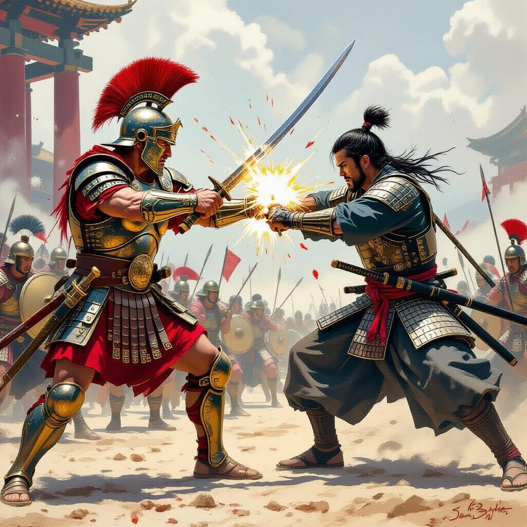 Centurion and Samurai Clash in Sci-Fi Action Scene