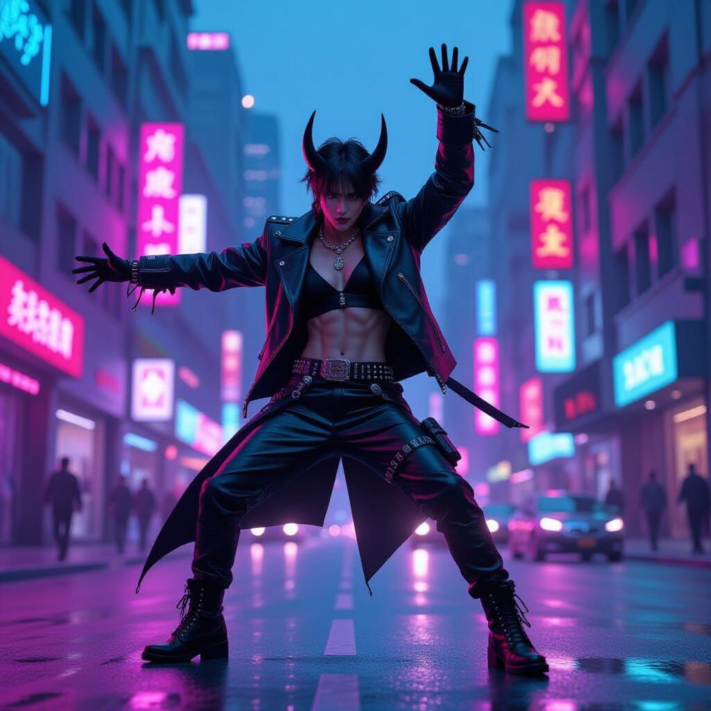 K-Pop Idol as Demon Hunter in Neon Cityscape