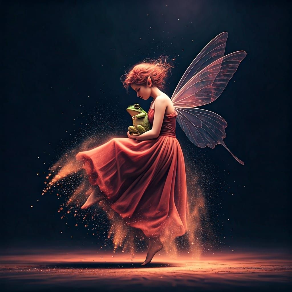 Dreamlike Pixie Cradling Frog in Cosmic Colors