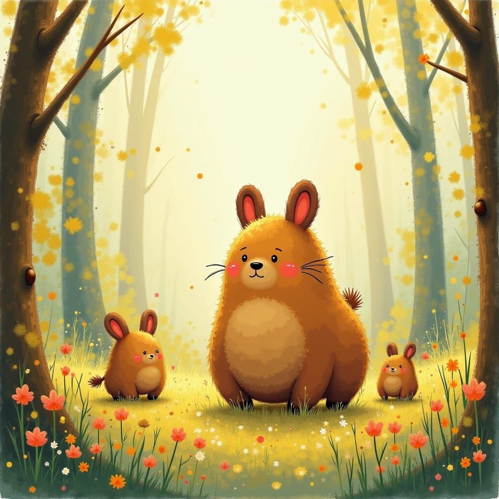 Mother Bear and Cubs in Wildflower Meadow