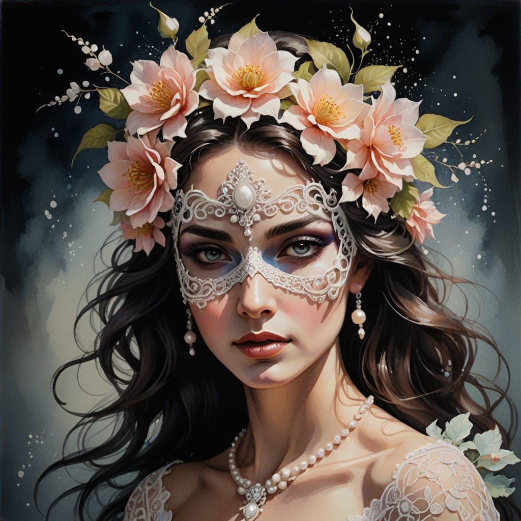 Ethereal Flower Goddess in Lace Mask, Oil Painting Style