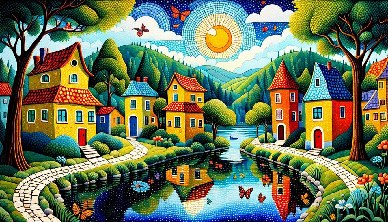 Whimsical Mosaic Street Scene in Naive Art Style
