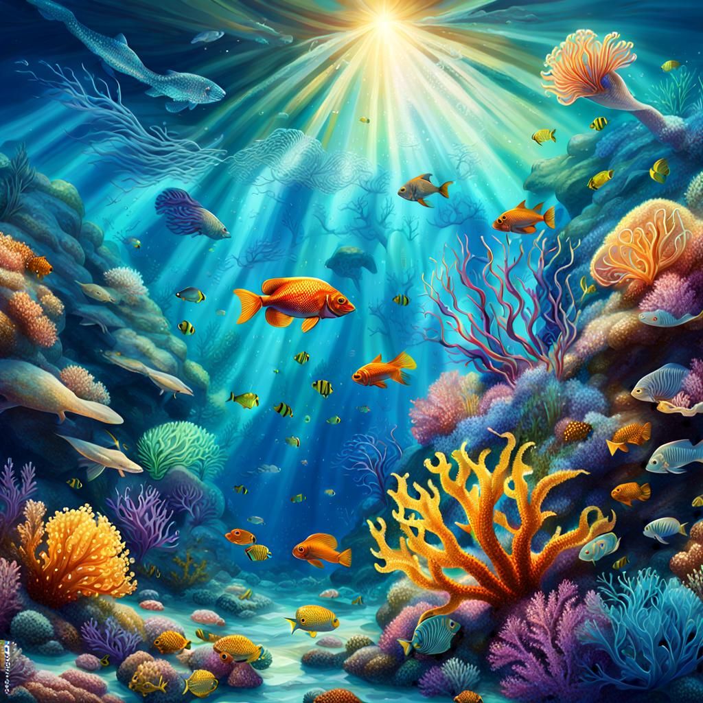Vibrant Coral Reef Scene in Shimmering Light