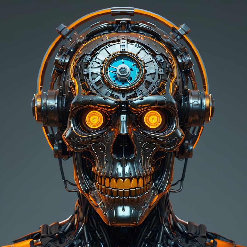 Cyberpunk Clockwork Pumpkin Portrait in Neon Glow