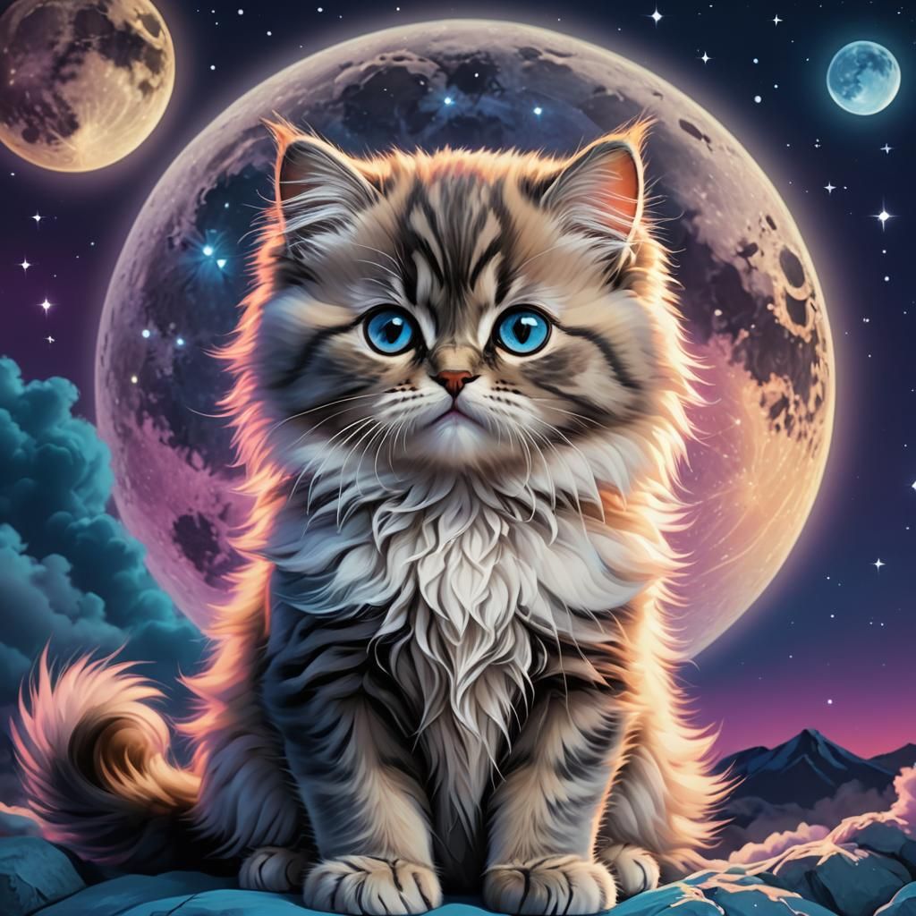 Neon Persian Kitten with Moon Digital Illustration