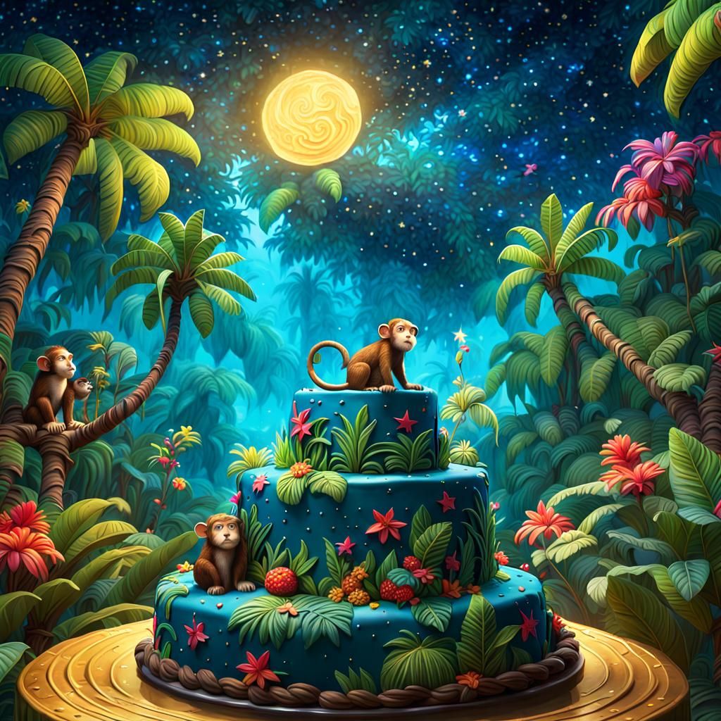 Swinging Monkey's Jungle Scene Happy Birthday Cake