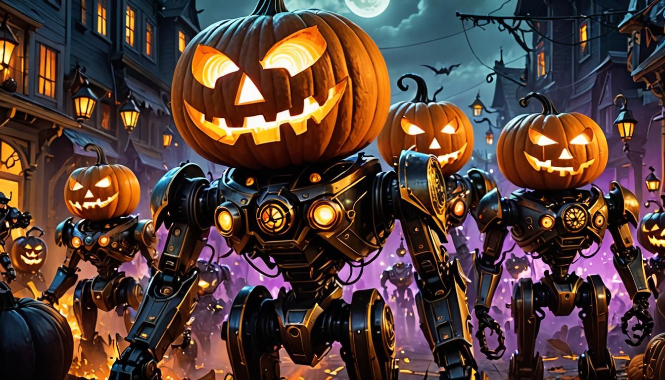 Halloween Robot Army Invasion: Dark Fantasy Digital Art