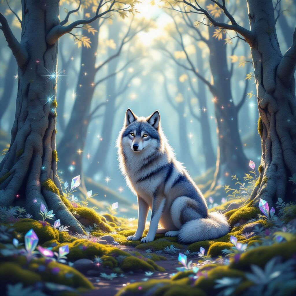 Lone Wolf in Ethereal Starlight Forest