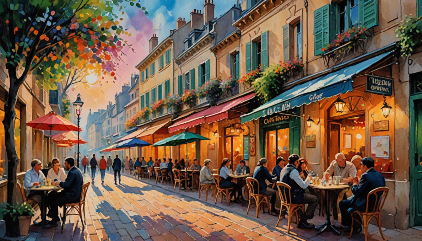 Charming European Café in Impressionist Style