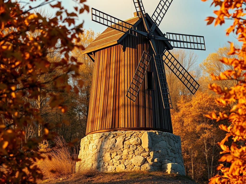 Autumn Windmill in Vibrant Golden Light