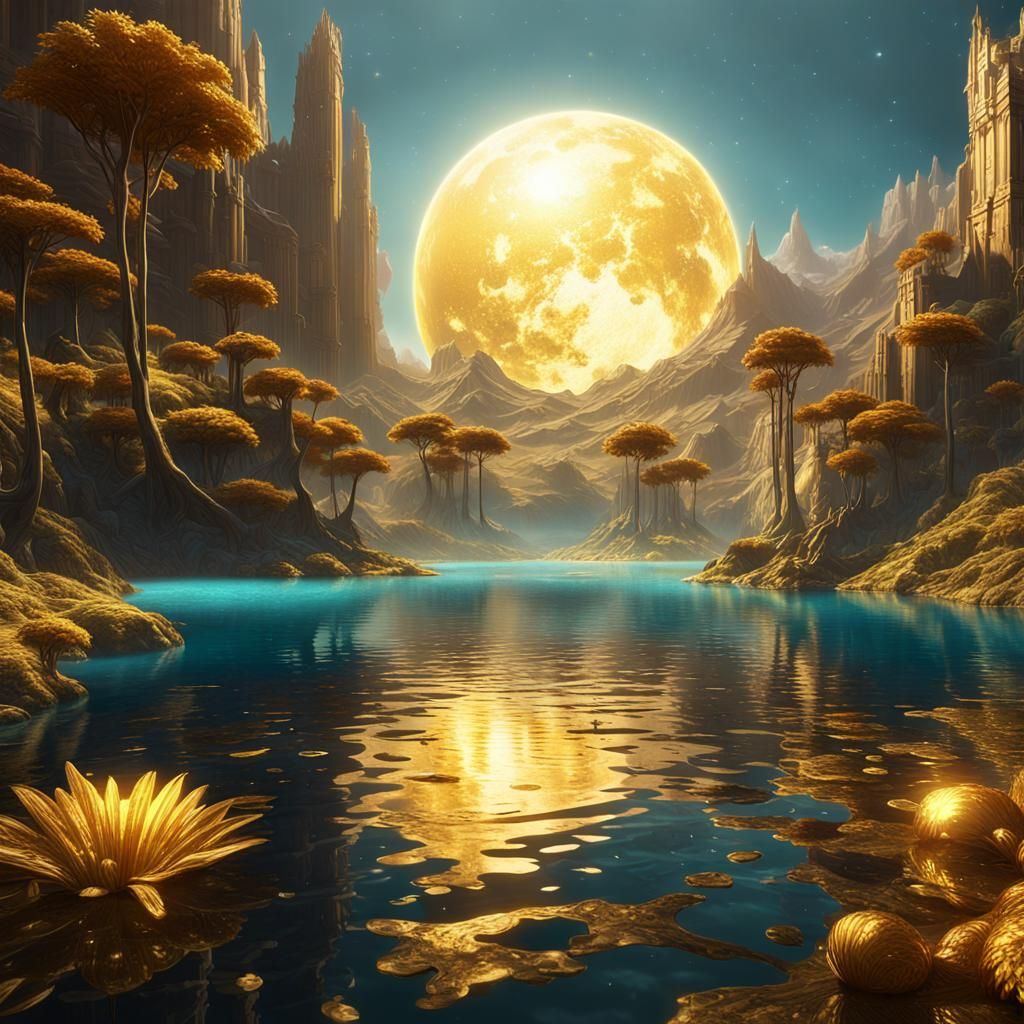 Golden Planet with Futuristic Civilization, Fantasy Art