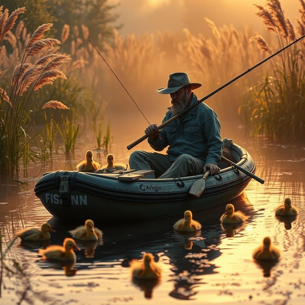 Fisherman at Dawn on Misty Pond, Hyperrealistic Art