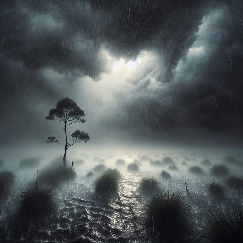 Dramatic Downpour: A Lone Tree Resists the Storm