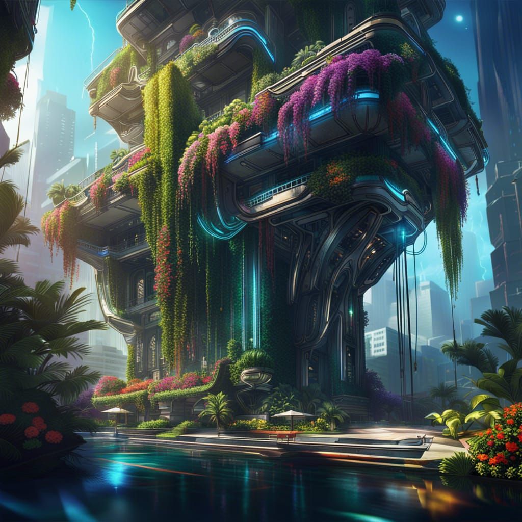 Futuristic Hanging Gardens in Hyperrealistic Splash Art