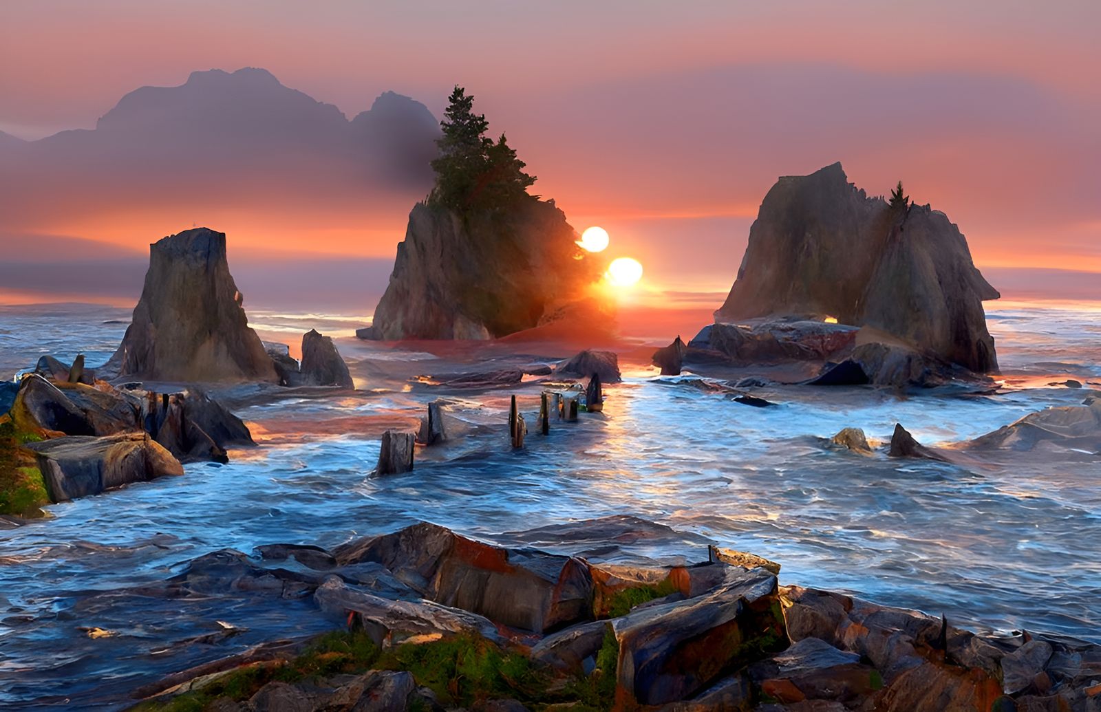 Coastal Seastacks at Sunset: A 3D Ethereal Landscape