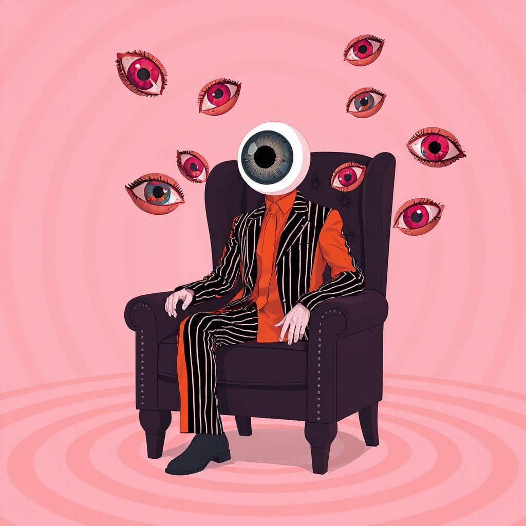 Surreal Eye Figure in Armchair, Digital Illustration