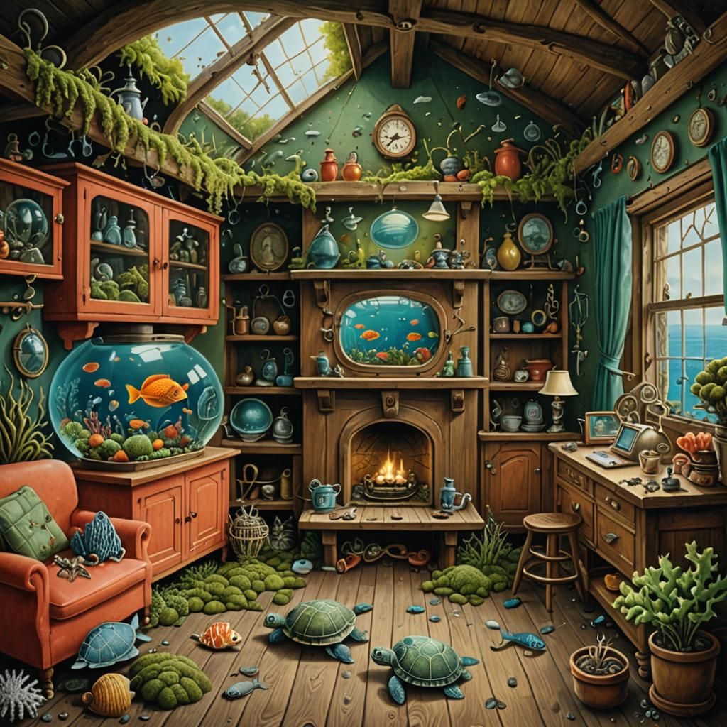 Underwater Polish Cottage Interior in Yerka Style