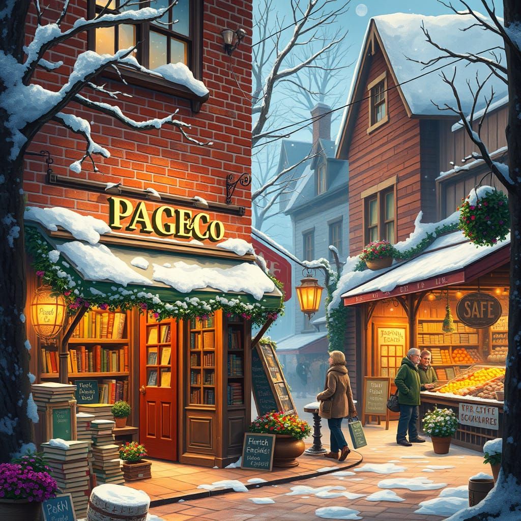 Whimsical Snowy Street in Vibrant, Jewel-Toned Colors