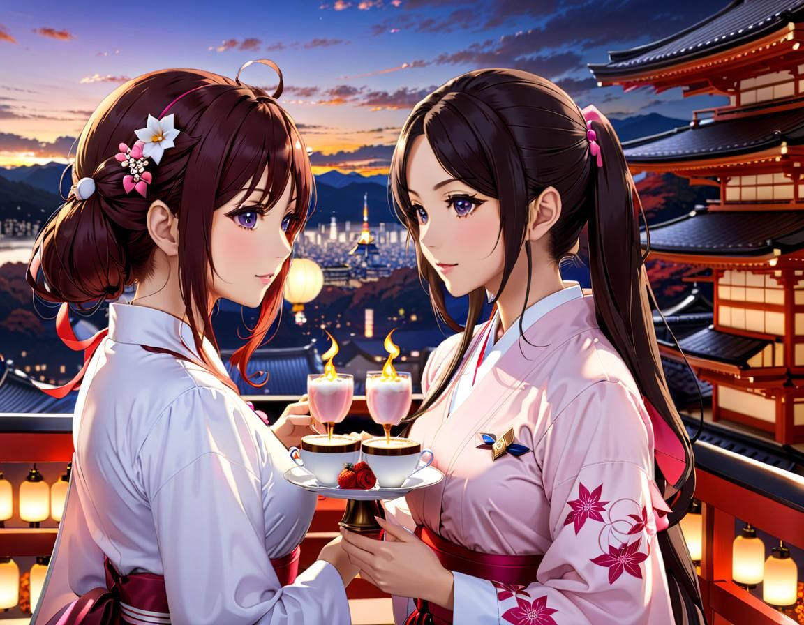 Anime Style: Girls in Tokyo at Sunrise