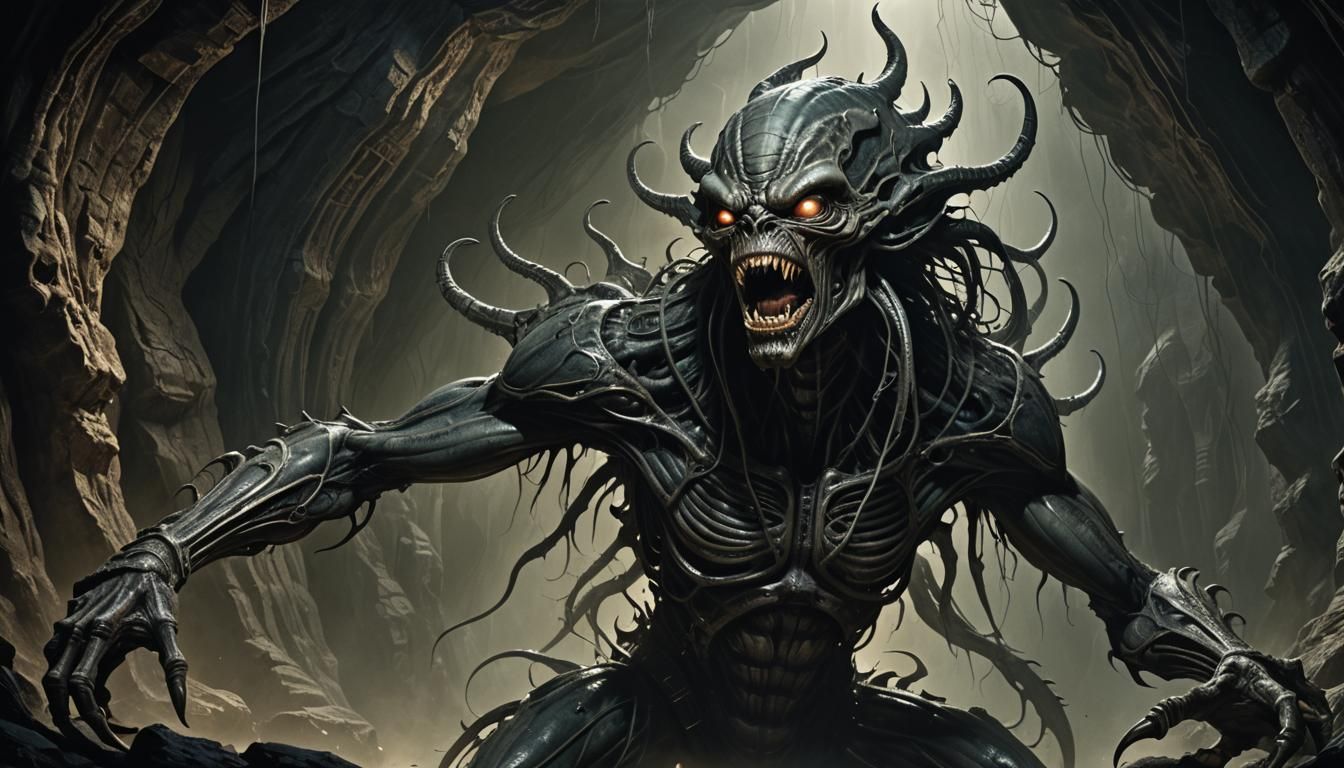 Grotesque Alien Centaur Screams in Dark Cave